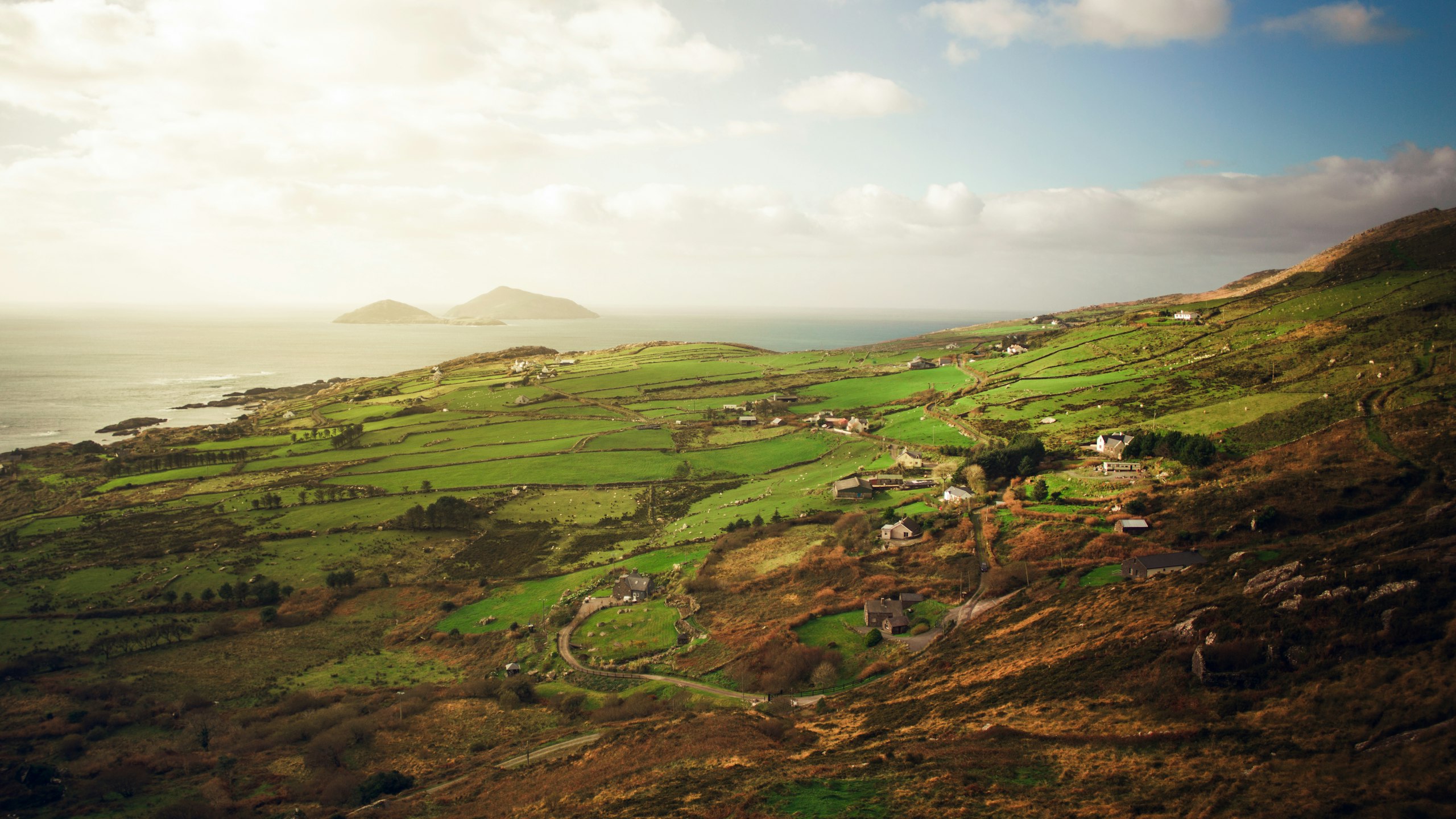 Aerial view of patchwork fields across the Irish midlands