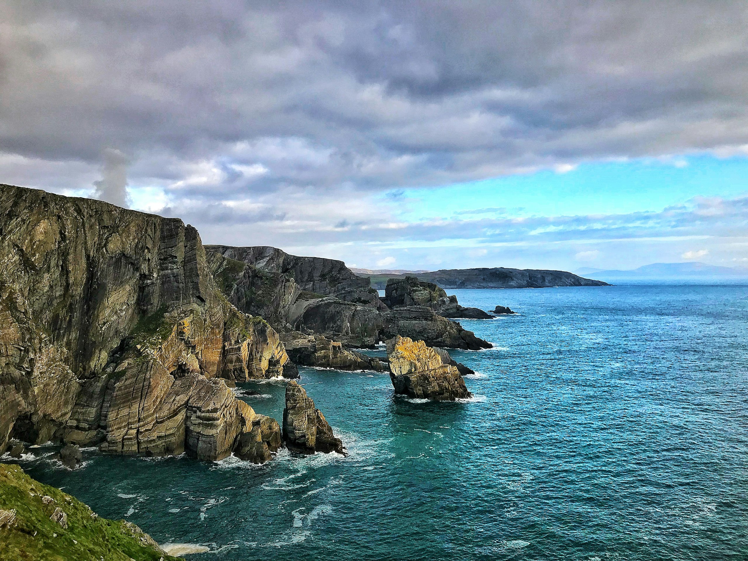 Aerial view of a green island off the Irish coast